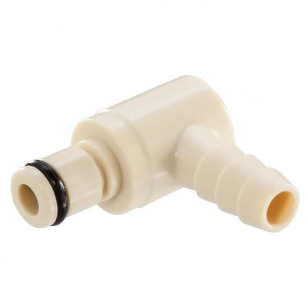 Schnellkupplungsstecker, Polypropylene, 1/4" Schlauchtülle, mit Ventil, Winkelausführung, VPE: 25 Stück