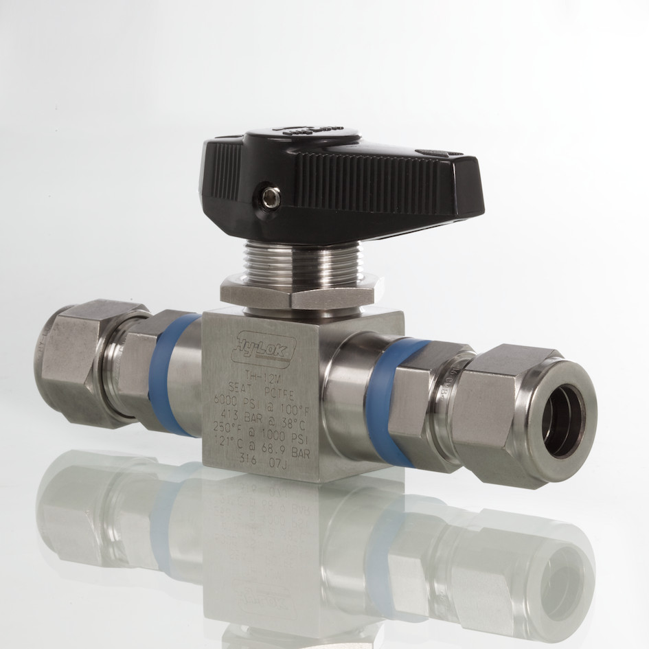 2-Wege-Kugelhahn, Edelstahl,  T-Serie, max. 413 bar, PEEK, 4,8mm Bohrung, 10mm Klemmring