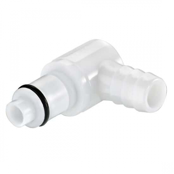 Schnellkupplungsstecker, Acetal, 1/4" Schlauchtülle, Winkelausführung, mit Ventil, VPE: 25 Stück