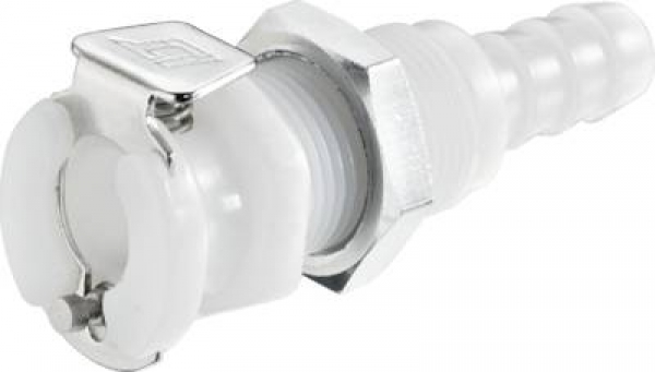 Schnellkupplungskörper, Acetal, 1/4" Schlauchtülle, mit Ventil,  Schottausführung, VPE: 25 Stück