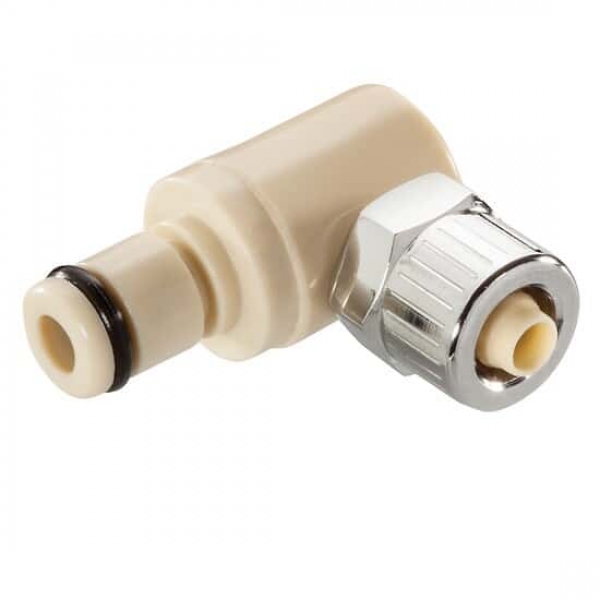 Schnellkupplungsstecker, 6,4mm x 4,3mm Verschraubung, inkl. Ventil, Winkelausführung, Polypropylene, VPE = 25 Stück