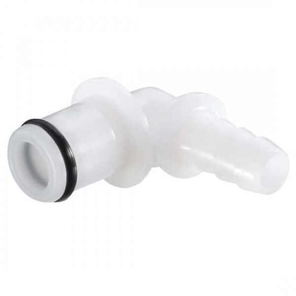 Schnellkupplungsstecker, Acetal, 3/8" Schlauchtülle, ohne Ventil, Winkelausführung, VPE: 25 Stück